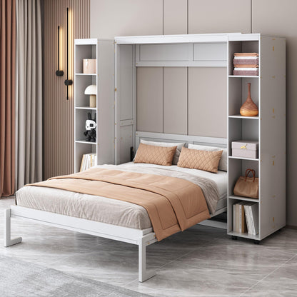 Ball & Cast Murphy Bed Queen Size,Wood Hidden Wall Bed with 2 Sides Push-Pull Foldable Storage Cabinets, Multifunctional Cabinet Bed Frame for Bedroom,Guest Room,Space Saving,White