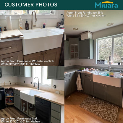 Miuara White Farmhouse Workstation Sink 33 Inch - Heavy Duty Fireclay Apron Front Kitchen Sink Undermount 33"x20"x10", Farm House Style Deep Single Bowl for Kitchen