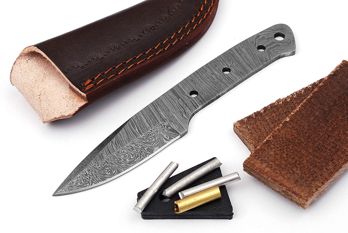 ColdLand 7" Damascus Steel Knife Making Kits - Knife Making Supplies Include Blank Blade, Brass Pin, Sheath, Wood Handle Scales - Build your Own NB113