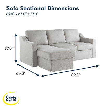 Serta Hawthorne 89.8" Slipcovered Convertible Sleeper Sofa Chaise, Queen Size, Dreamcoil Comfort, Reversible Storage Chaise, Polyester Tweed Fabric, Linen