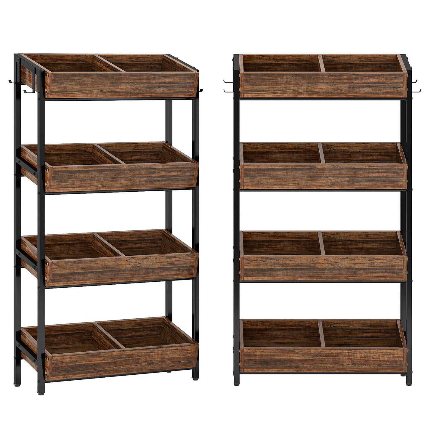 Tribesigns Wood Fruit and Vegetable Basket Stand Rack for Kitchen, Office, Store, Supremarket, Pantry Shelf Unit for Snacks, 4-Tier Wooden Utility Storage Shelves Set of 2 (Brown+Black)