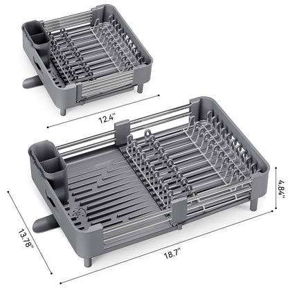 Urackify Stainless Steel Dish Drying Rack - Dish Drainer for Kitchen Counter, Extendable Drainboard with Foldable, Space-Saving Cup & Bowl Organizer, Includes Knife and Utensil Holder, Gray