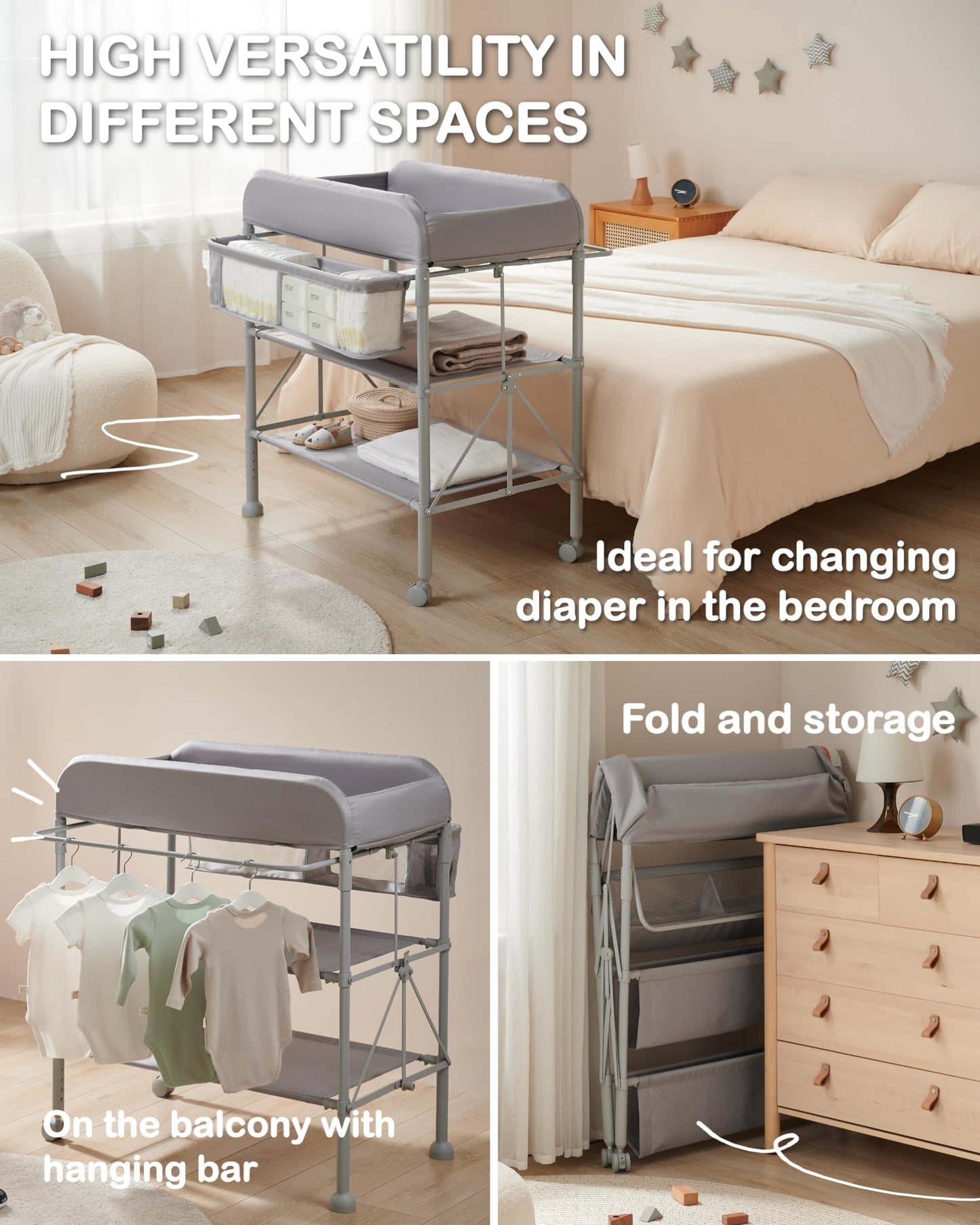 BEKA Diaper Changing Station, Portable Changing Table for Baby, Waterproof, Folding Portable Changing Station, Adjustable Height w/Organizer, Mobile Nursery Diaper Changing Table for Baby, Newborn
