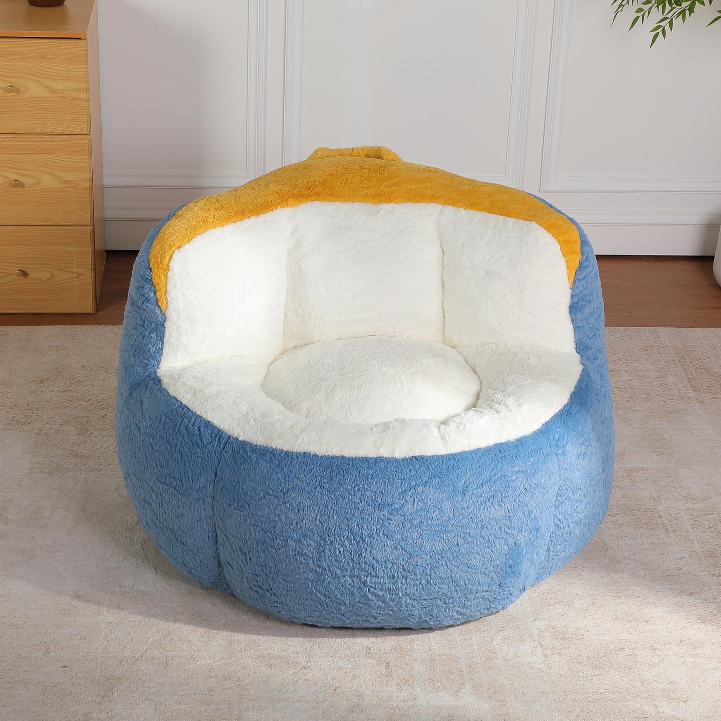 Oversized Bean Bag Chairs,Multicolor Faux Fur Couch Filled with Shredded Sponge,Large Lounger Sofa for Living Room,No Assembly Required, Blue+White+Yellow