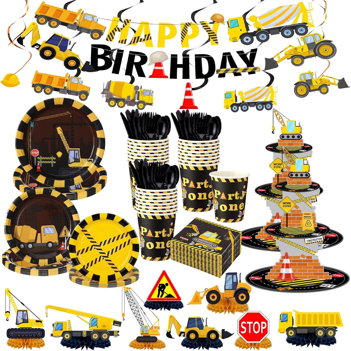 258 Set Pcs Construction Birthday Party Supplies Decoration Include Disposable Paper Plate Napkin Teacup Saucer Cupcake