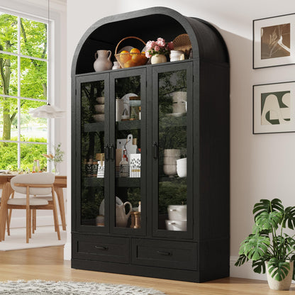 73" Tall Arched Kitchen Pantry Cabinet w Load-Bearing Steel Pipe,Modern Farmhouse Kitchens Storage Cabinet with Drawer and Glass Doors,Tall Arched Bookcase,Pantry Organizer(Woodgrain Black)
