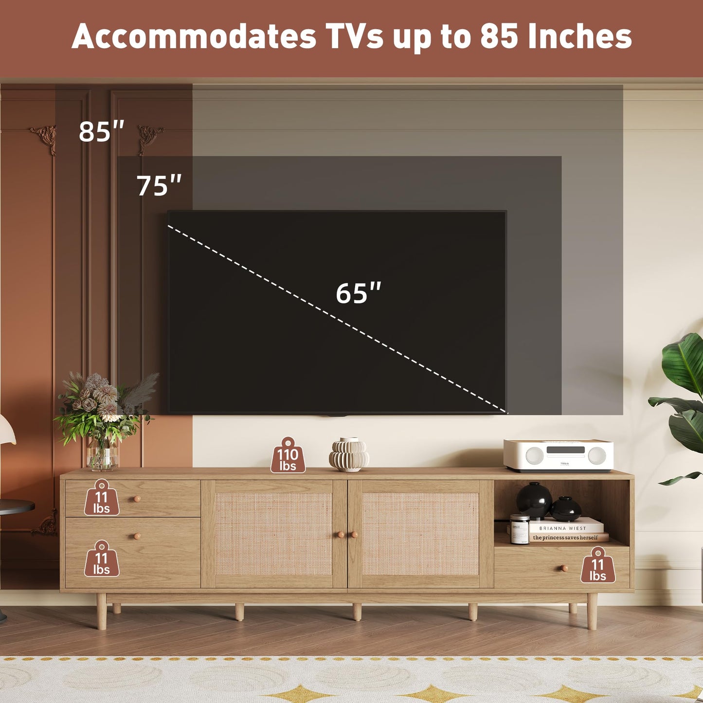 Ball & Cast 76" Boho TV Stand for TVs up to 85", Media Console with Real Rattan Doors, Open Shelf, 3 Drawers & 2 Cabinets, Natural Wood Grain Entertainment Center w/Solid Wood Legs for Living Room