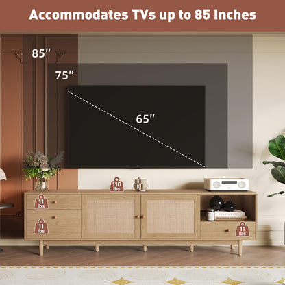 Ball & Cast 76" Boho TV Stand for TVs up to 85", Media Console with Real Rattan Doors, Open Shelf, 3 Drawers & 2 Cabinets, Natural Wood Grain Entertainment Center w/Solid Wood Legs for Living Room