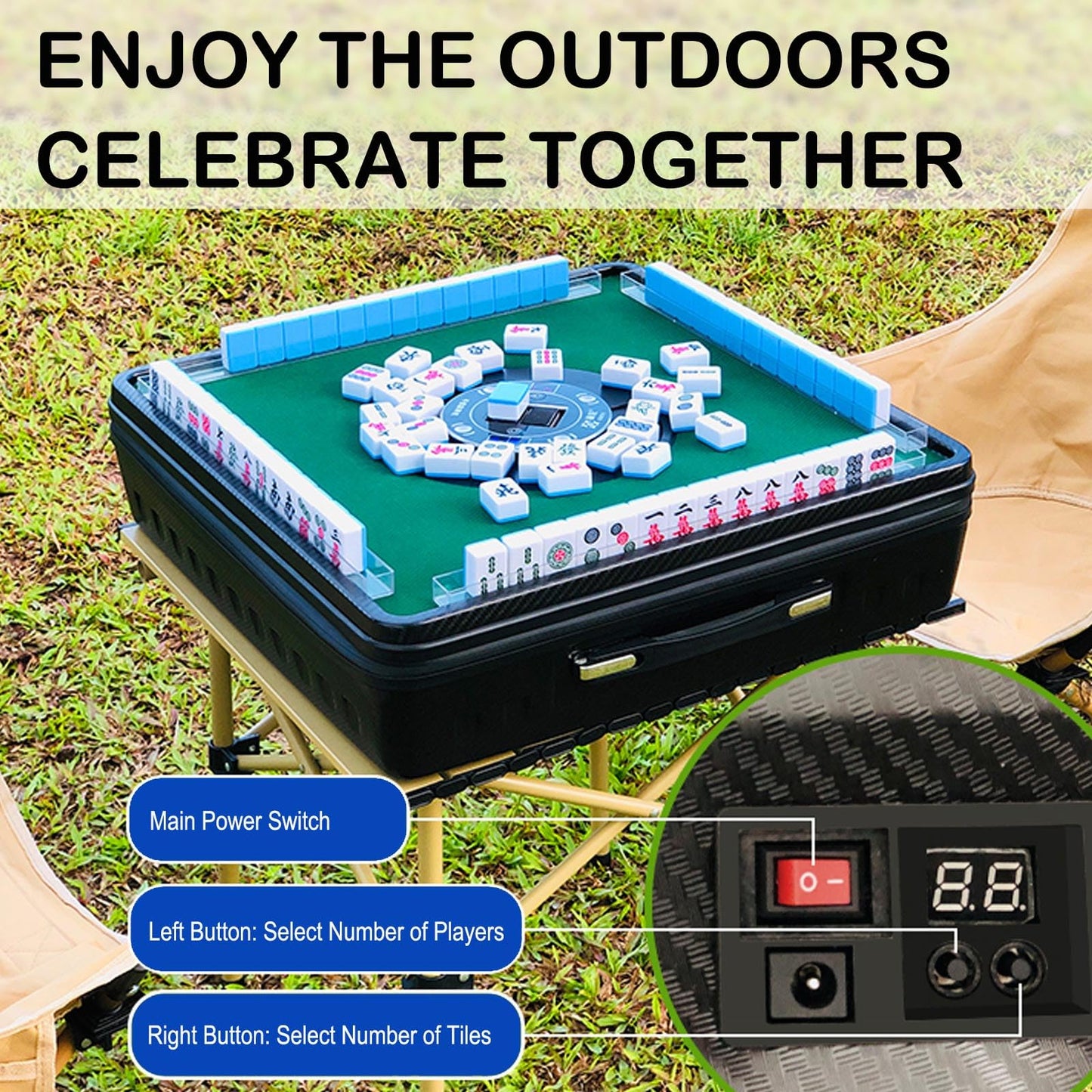 Automatic Mahjong Table, Portable Mahjong Table with 152 Magnetic Tiles incl. Joker Tiles, for Outdoor & Home Fun, Compatible with both Chinese and American Mahjong, Suitable for Mahjong Enthusiasts