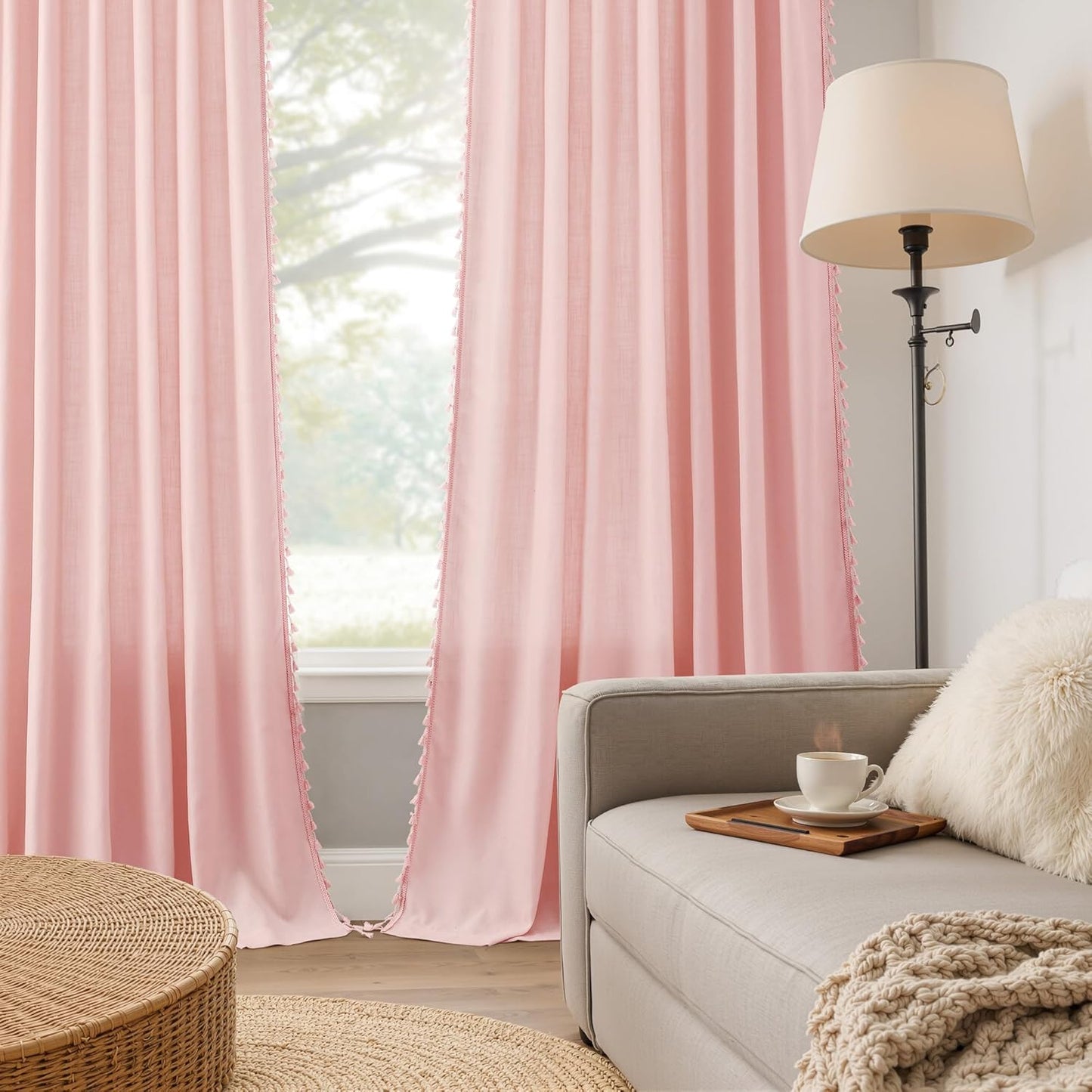 84 Inches 2 52X84 Pink Boho Linen Curtains for Girls Bedroom Nursery Room Long Panels Bohemian Drapes with Tassels Kids