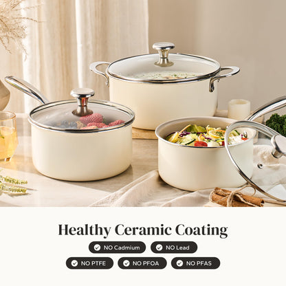 Redchef Cooking Pot Set Induction 5Qt, Saucepan Set 2.5/3.5Qt Nonstick Ceramic Cookware Set, Compatible All Cooktops, Even Heat, Stay-Cool Handles, Oven/Dishwasher Safe, PTFE PFAS Free (Beige)