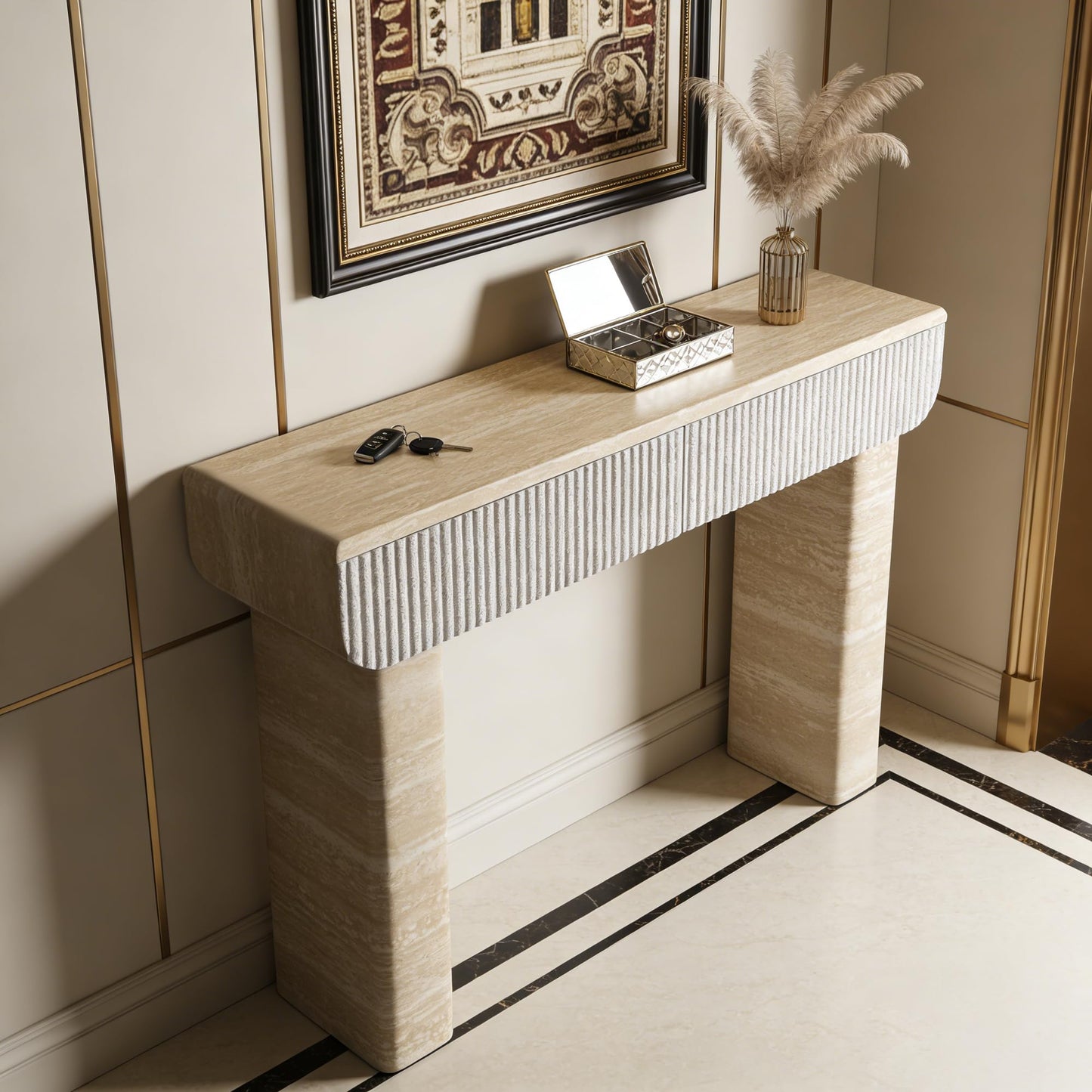 KEIKI 42.2" Console Table with Drawers, Wooden Entryway Table with Hidden Handle Storage, Narrow Sofa Table for Hallway or Living Room, Accent Console Table, Beige Yellow