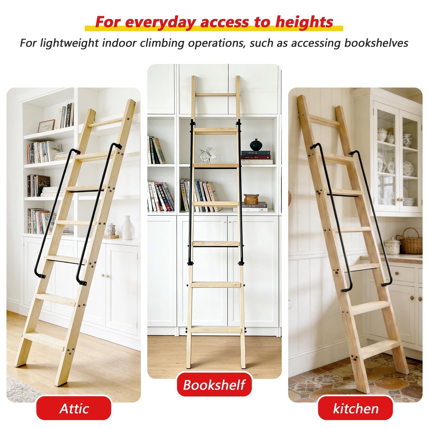 104RDHOUSE 96in Attic Rolling Library Ladder, 8 Step Wooden Ladder with,Loft Ladder Bookshelf,Wall Stairs Red Oak Stair Platform Bunkbed Ladder,for Home Kitchen,Warehouses,Bookstore,DIY Stain