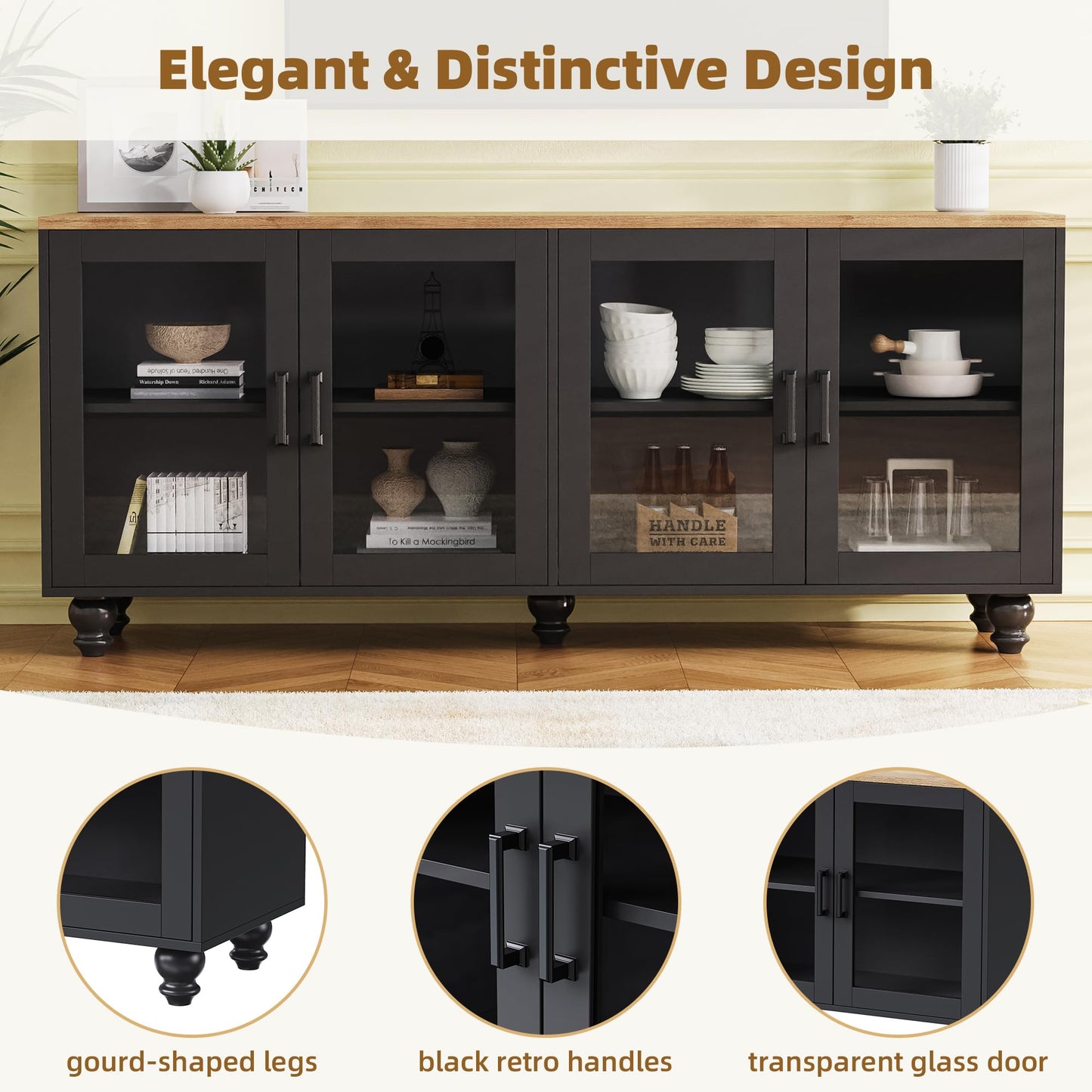 Ball & Cast Farmhouse TV Stand with Tempered Glass Doors for TVs up to 70",Sideboard Buffet w/5 Solid Wood Gourd-Shaped Legs & Adjustable Shelf,Entertainment Center for Living Room,Black+Natural