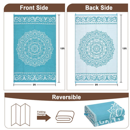 GlowSol Outdoor Rug 9x18 ft, Reversible Waterproof Outdoor Plastic Straw Rug, Oriental Medallion Patio Rug, Large Outdoor Carpet, RV Mat Outside for Patio, Camp, Picnic, Balcony, Deck, Backyard,Blue