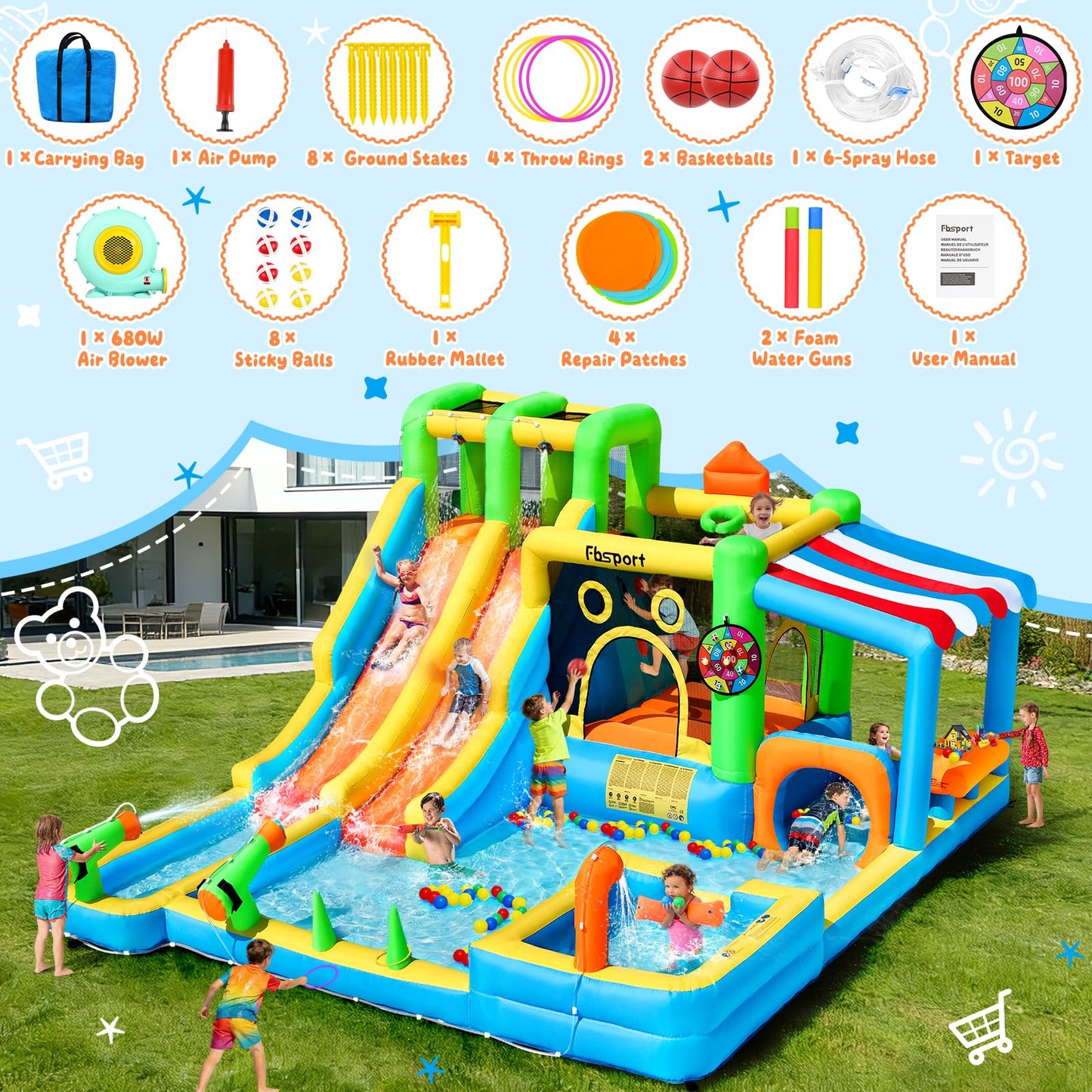 FBSPORT Inflatable Bounce House Double Water Slide,11 in 1 Inflatable Water Slide Park with 680W Blower, Splash Pool, Climbing Wall, Bouncy Castle for Indoor Outdoor Backyard