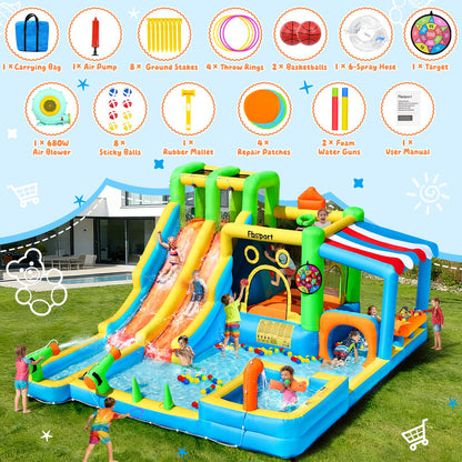 FBSPORT Inflatable Bounce House Double Water Slide,11 in 1 Inflatable Water Slide Park with 680W Blower, Splash Pool, Climbing Wall, Bouncy Castle for Indoor Outdoor Backyard