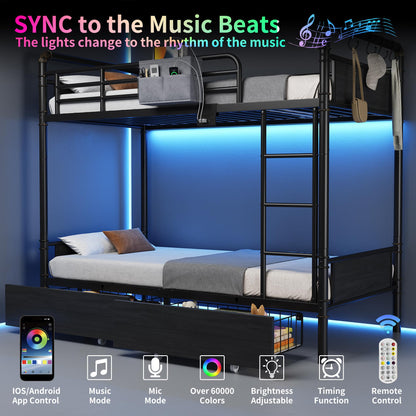 Jocoevol Metal LED Bunk Bed Twin Over Twin with 2 Storage Drawers, USB Charging Station, Industrial Bunkbeds Heavy Duty Bed with Safety Guardrail and Ladder, No Box Spring Needed, Black