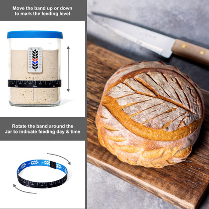 Premium Sourdough Starter Jar - 40oz Large Sourdough Jar with Marked Feeding Band, Thermometer, Scraper, Cloth Cover and Silicone Lid/Base, Wide Mouth Starter Kit - Blue