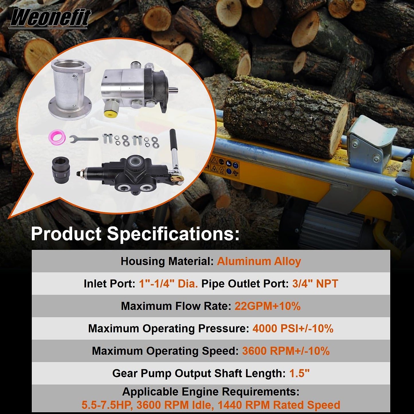Hydraulic Wood Log Splitter Pump Kit - 22 GPM, 2 Stage 4000 PSI Aluminum Gear Pump with 3600 RPM, Includes Hydraulic Directional Control Valve, Coupling, Installation Base, and 3/4" NPT Outlet