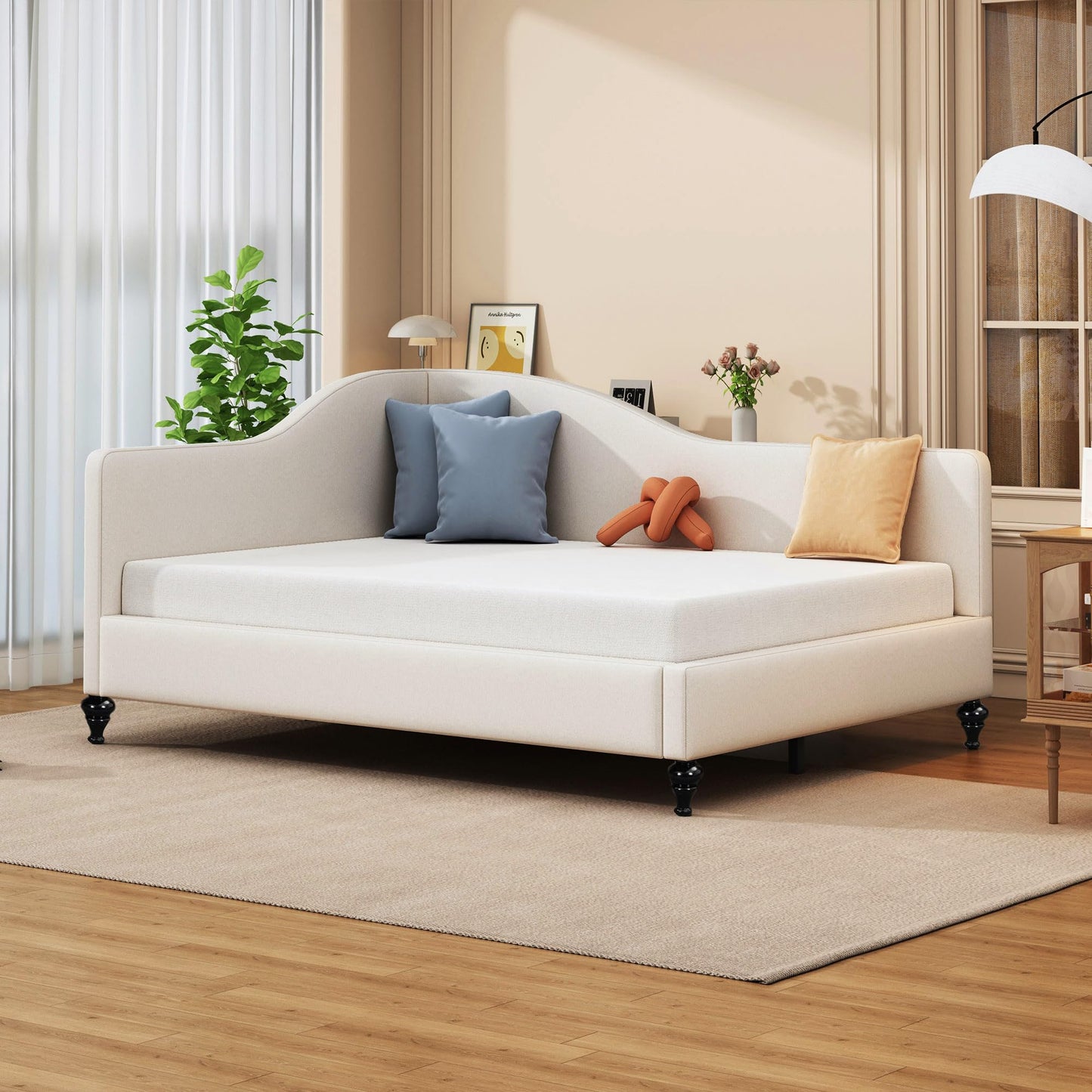 Merax Full Size Bed Frame Daybed, L-Shaped Linen Corner Sofa with Solid Wood Legs for Living Room & Guest Room, No Box Spring Needed, Beige