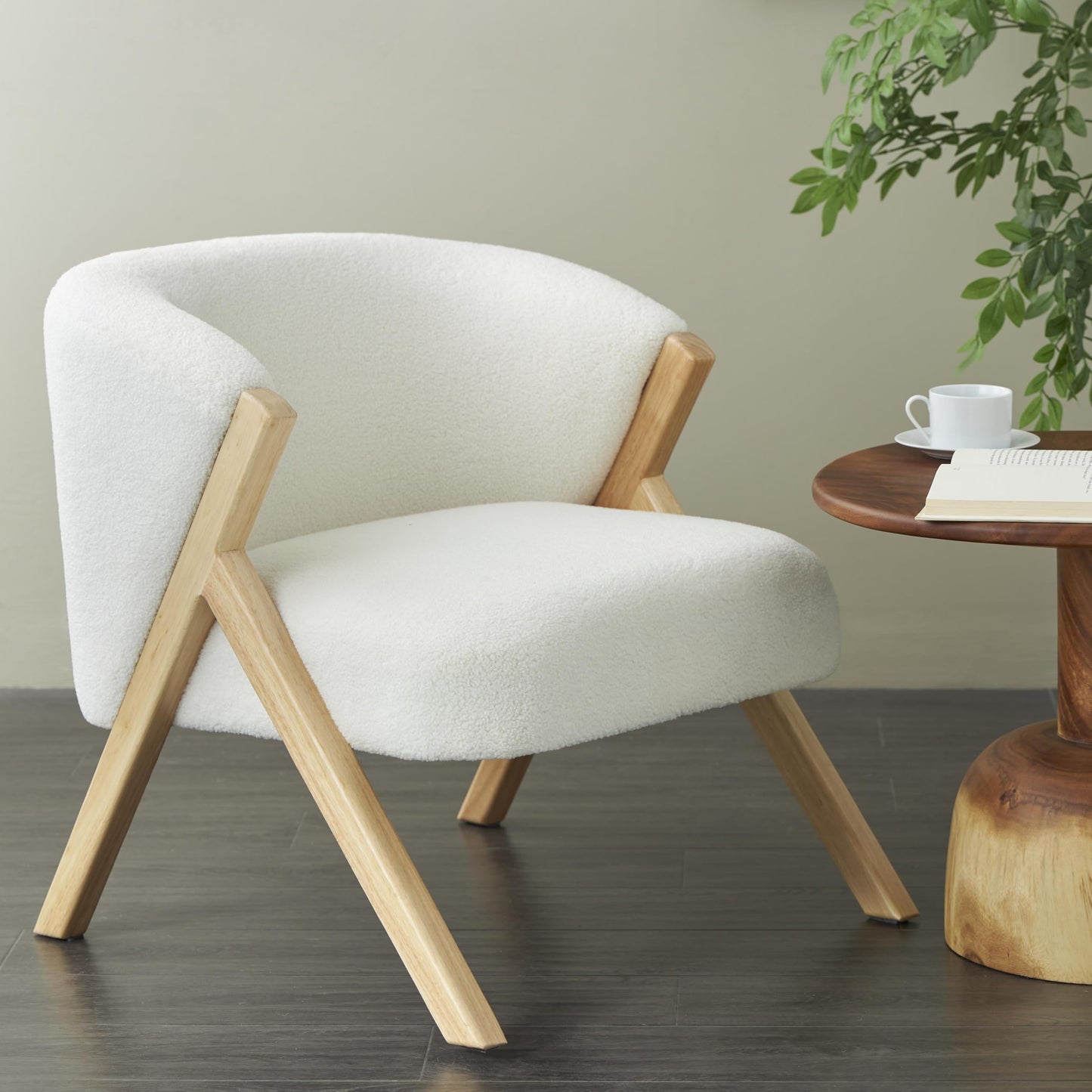 Deco 79 Polyester Living Room Accent Chair Rounded Boucle Side Chair with Angled Wooden Legs, Corner Chair 27" x 26" x 28", White