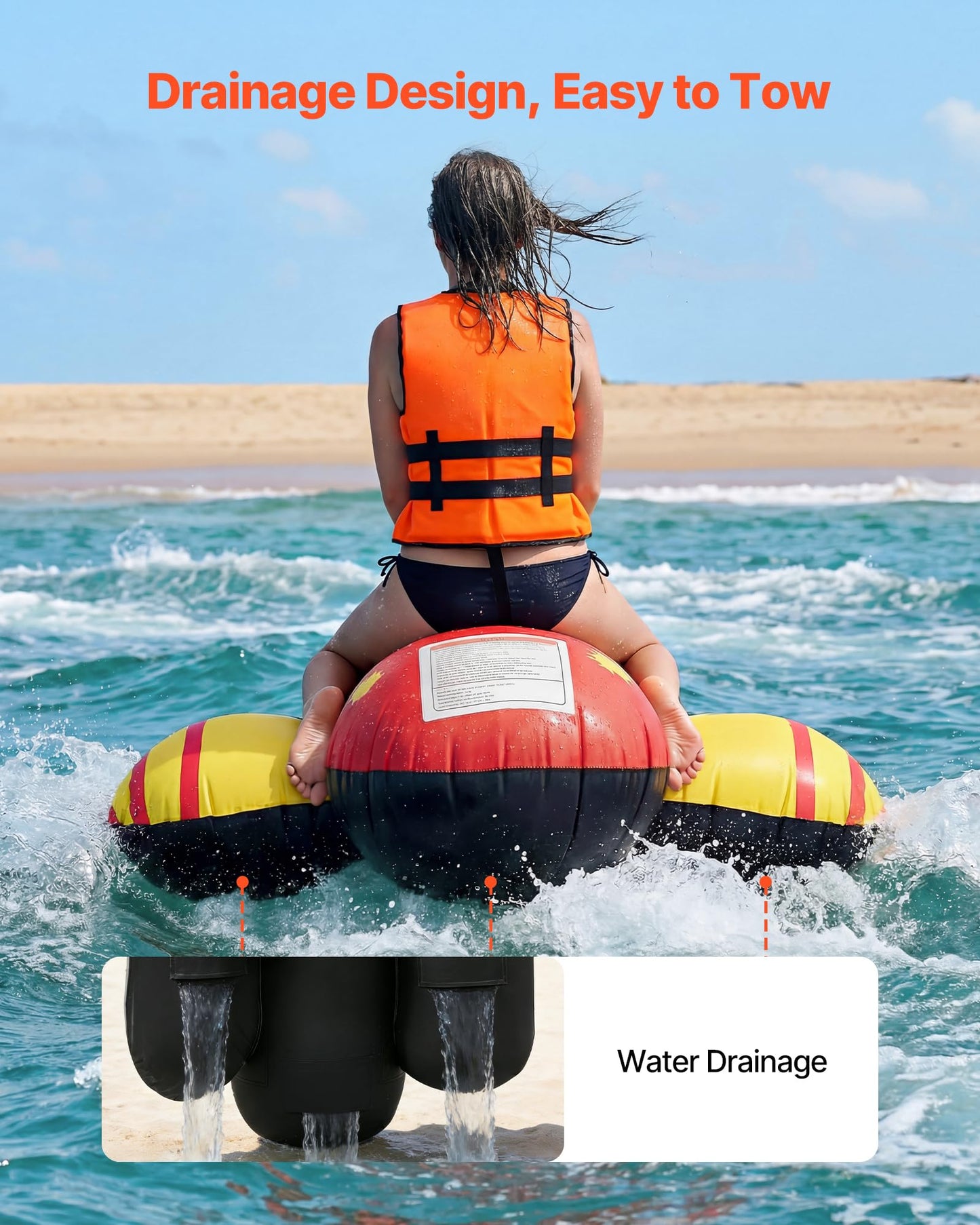 VEVOR Towable Tubes for Boating, 5 Riders Inflatable Boat Tubes and Towables, 850 lbs Capacity Water Sport Tube for Boat to Pull - with Full Nylon Cover, Padded Grip Handles & Safety Valve