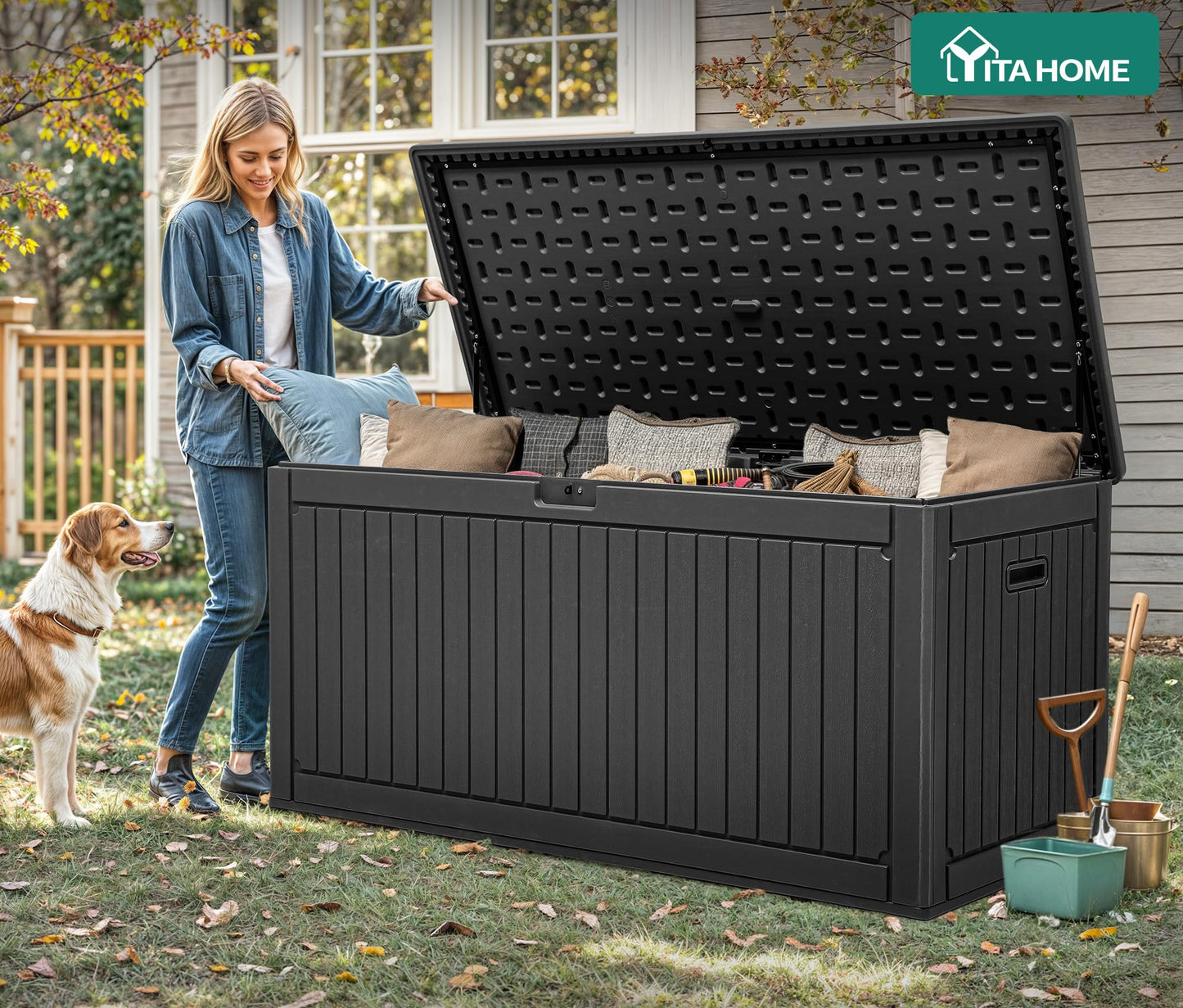 YITAHOME 320 Gallon Double-Wall Deck Box with Divider & Side Handles, Outdoor Large Storage for Patio Furniture Cushions, Garden Pool Accessories, Water Resistant & Lockable