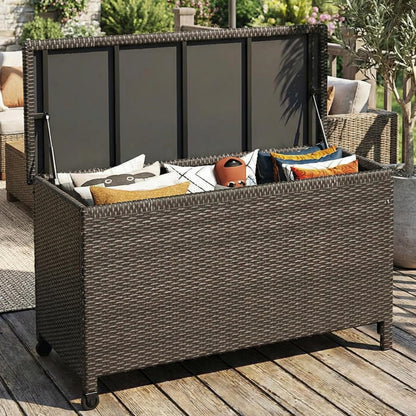 MilleLoom 185 Gallon Outdoor Storage Box with Wheels - Large Wicker Rattan Deck Box for Patio Cushions, Garden Tools, Pool Floats & Pillows, All-Weather Patio Furniture Storage, Brown