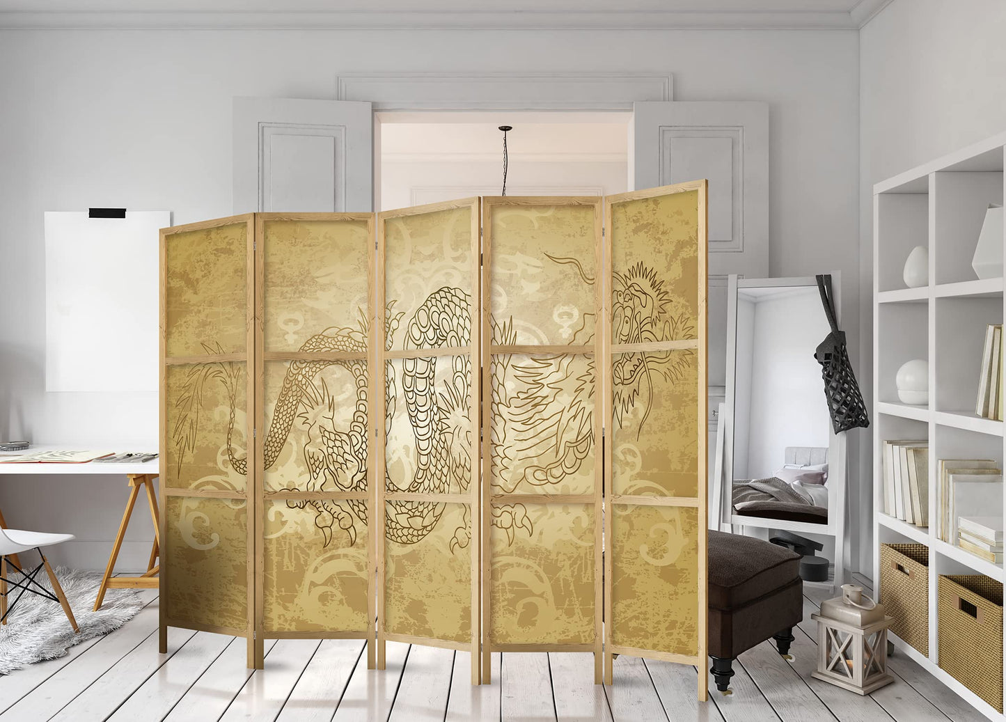 artgeist Japanese Room Divider XXL Dragon 90 x 67 in - 5 Panel Folding Screen Japan Design Home Decoration Art Deco p-B-0005-z-c