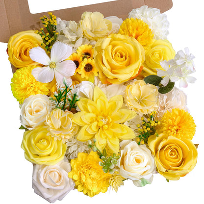 SWNAWE Yellow Flowers Artificial Roses Combo Set Fake Pink Silk Flowers Faux Peony Flowers Mix Dahlia with Stems for Wedding Bouquets Baby Bridal Shower Party Floral Arrangements Decor