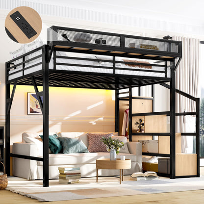 KEIKI Queen Loft Bed with Storage Stairs for Adults，Heavy Duty Bunk Beds with Shelves, Wardrobe, Metal Bedframe with USB Ports for Bedroom, Natural