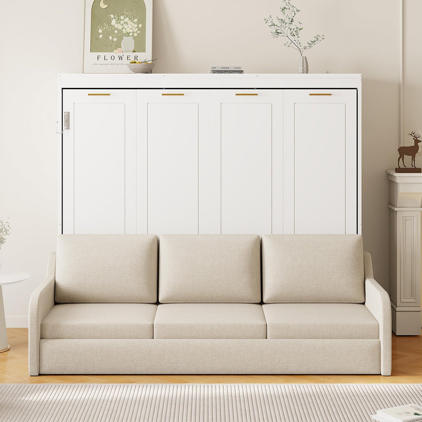 Bellemave Full Size Murphy Bed with Sofa, Cabinet Bed with Storage Shelves and LED Light, Farmhouse Murphy Cabinet with Folding Sofa, Noisy Free, for Guest Bedroom, Living Room, Office, Beige