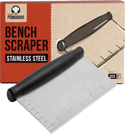 Chef Pomodoro Stainless Steel Bench Scraper 6" for Bread, Pizza, Pastry, Heavy Duty Kitchen Tool, Sharp Edge