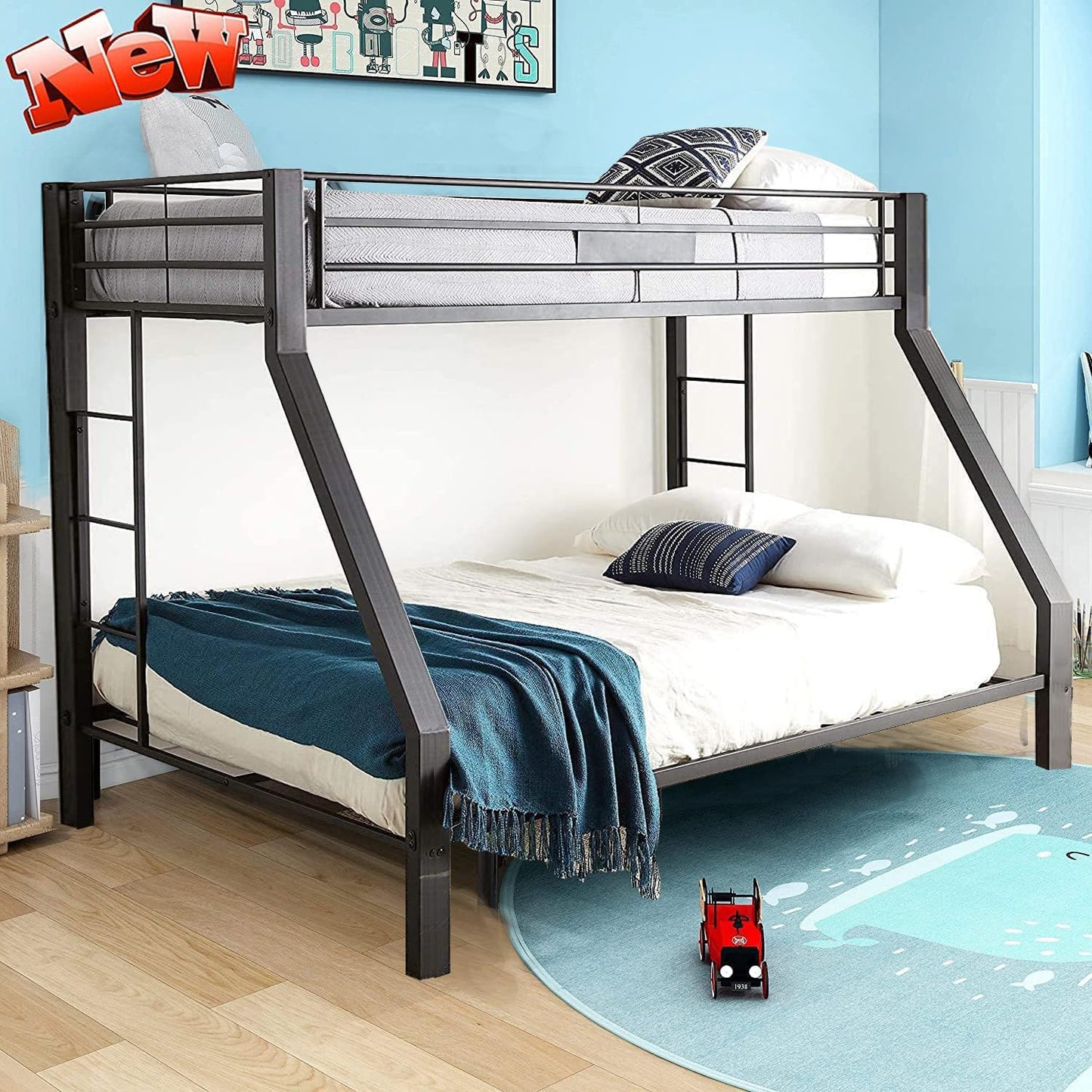 SIMPLEZC New Upgrade Thicken Metal Twin XL Over Queen Bunk Bed for Adults, Stronger Heavy Duty Steel Adults Bunk Beds Twin Over Queen Size with Ladder for Kids, Easy Assembly