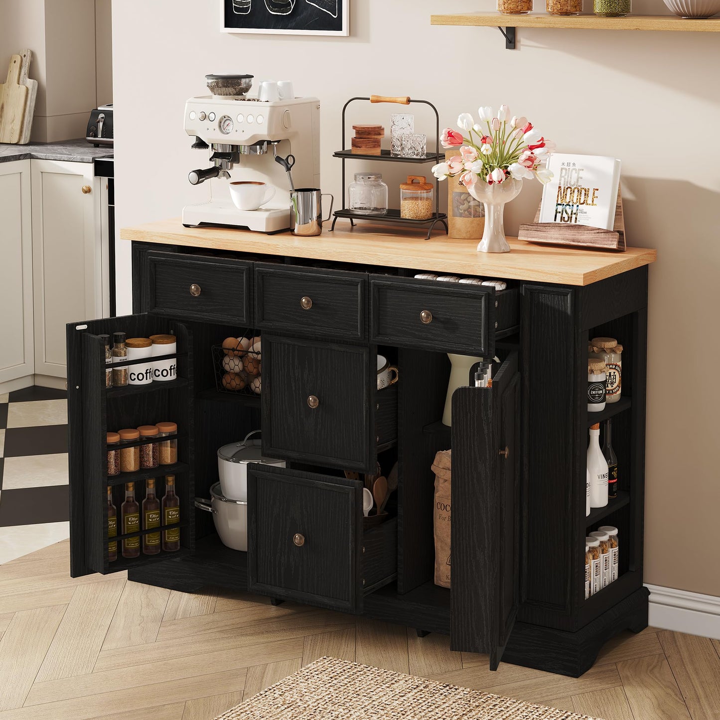 Merax Sideboard Buffet Cabinet with Storage, 51.2" Kitchen Console Table with 5 Drawers and 2 Cabinets, Adjustable Shelves Buffet Server for Dining Room, Living Room, Entryway, Black