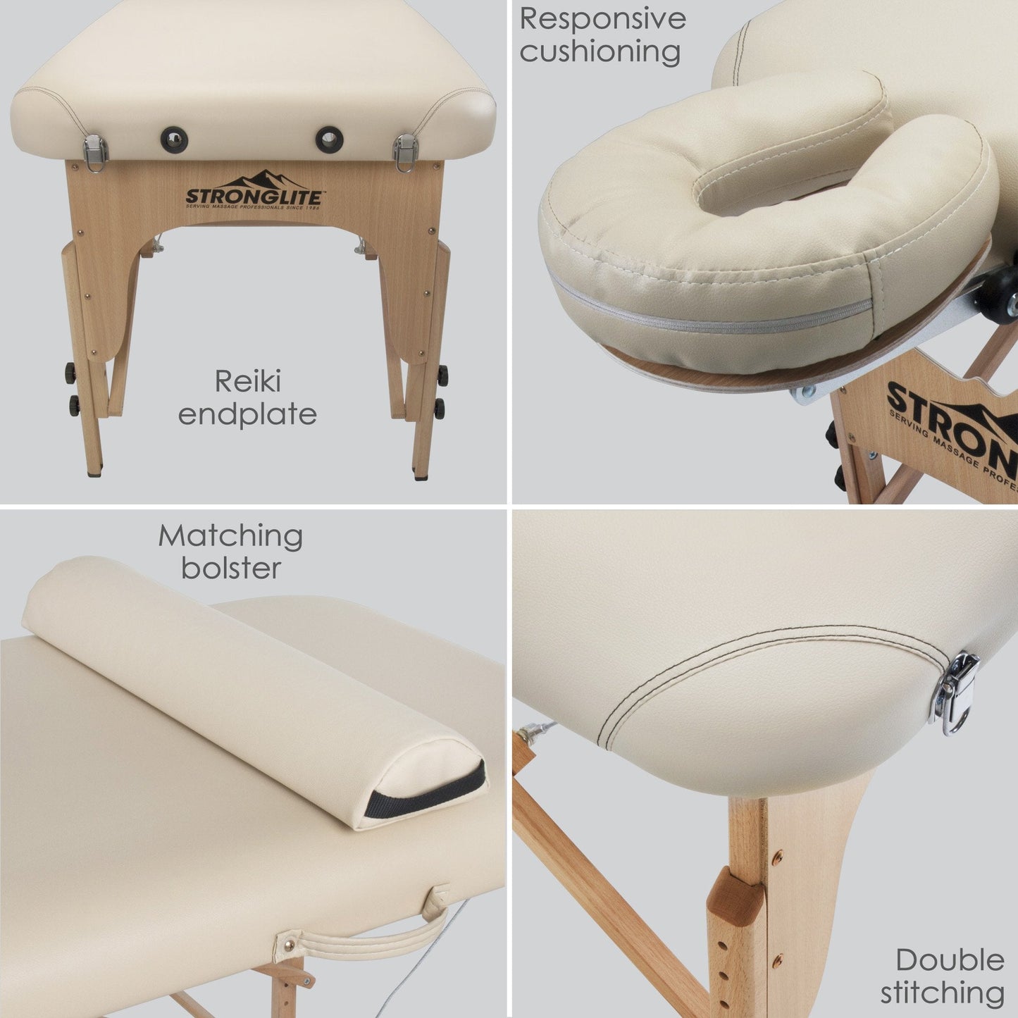 STRONGLITE Portable Massage Table Olympia - Double Knobs, Package w/ Adjustable Face Cradle, Face Pillow, Half Round Bolster, Microfiber Sheet Set & Carry Case (28x73"), Beige