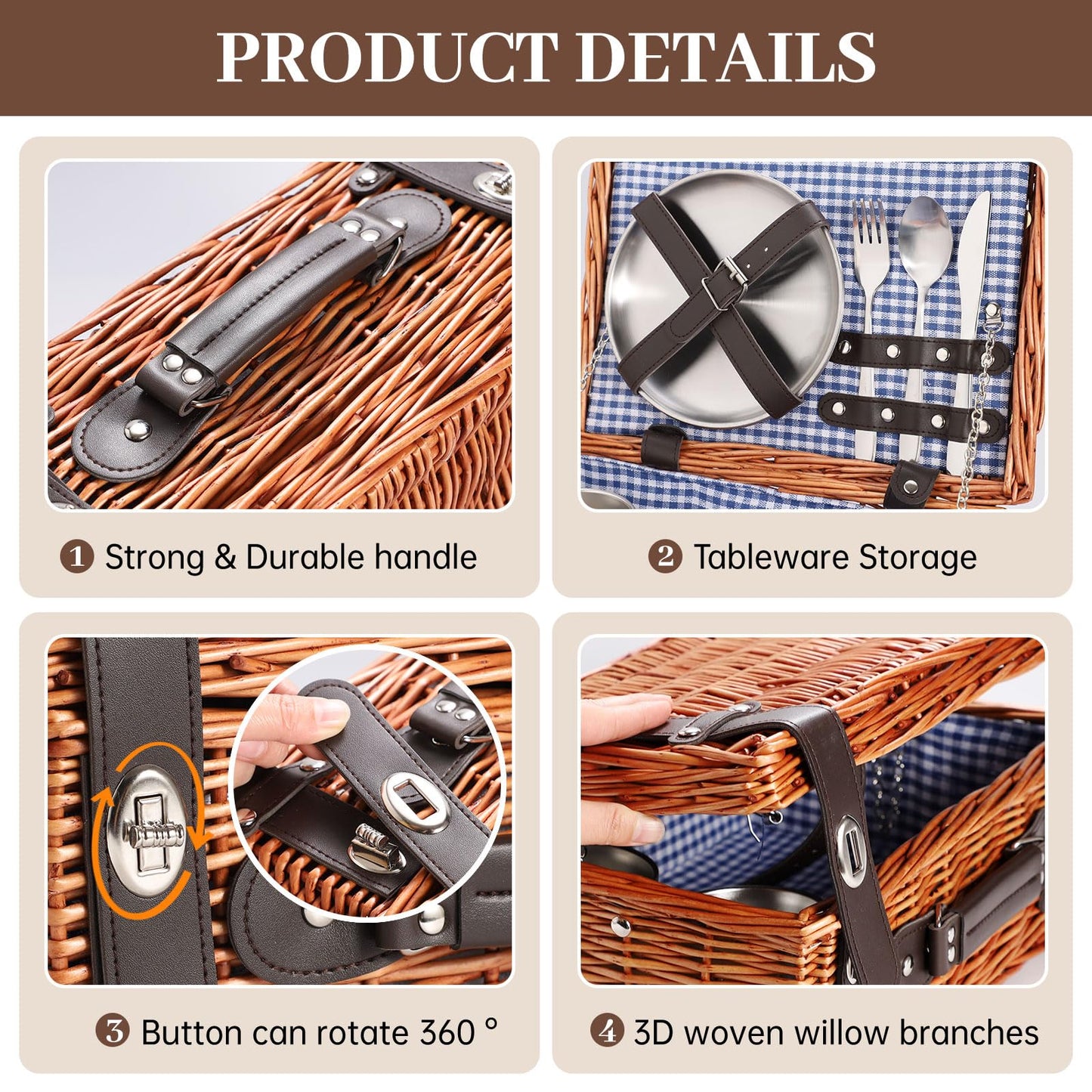 Weavvy Picnic Basket Set for 2, Wicker Picnic Baskets with Waterproof Blanket and Cutlery Service Kit, Willow Hamper for Camping, Outdoors, Valentine's Day, Christmas, Birthday, Wedding Gift