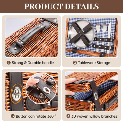 Weavvy Picnic Basket Set for 2, Wicker Picnic Baskets with Waterproof Blanket and Cutlery Service Kit, Willow Hamper for Camping, Outdoors, Valentine's Day, Christmas, Birthday, Wedding Gift