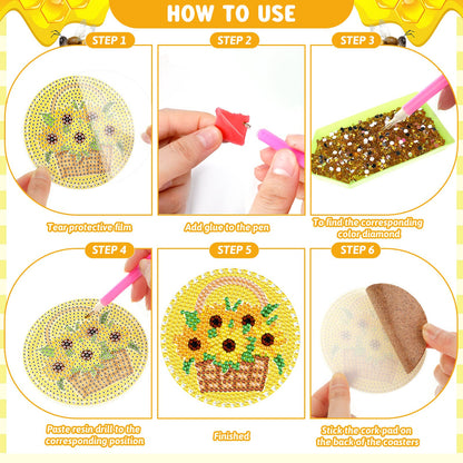 Shellwei 8 Pcs Bee Diamond Painting Art Coasters with Holder Bee Gnome Sunflower Diamond Painting Kit Yellow DIY Crafts Coasters for Adults Beginner Gift Supplies