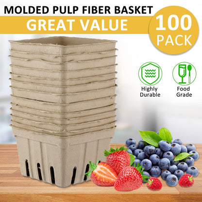 Amyhill 100 Pack Pulp Fiber Basket Set Include 100 Strawberry Berry Basket Small Vented, 100 Clear Packaging Bags, 100 Tie Strips for Kitchen Market Fruit Vegetable Produce Storage (Golden)