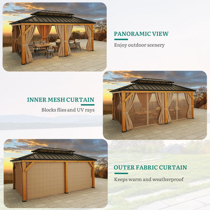 YITAHOME 12x20 Wood Gazebo Hardtop with Steel Roof, Heavy Duty Double Roof Galvanized Steel Gazebo with Nettings and Curtains, Outdoor Wood Frame Gazebo for Patio, Backyard, Deck, Lawns
