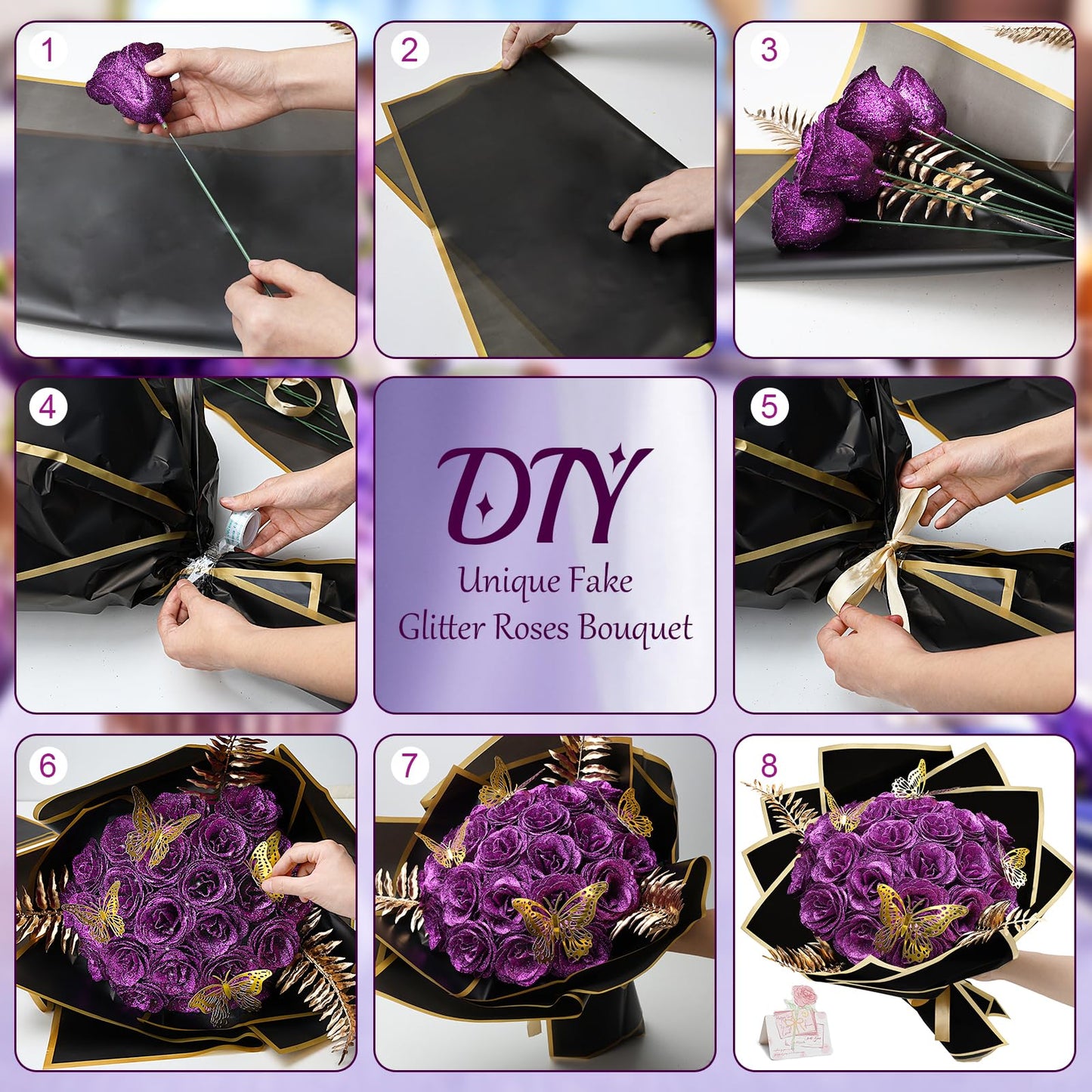 Tobilu Glitter Roses Bouquet - DIY Artificial Flower Bouquet Kit with Fake Rose Butterfly Stems Cards for Gifts Mother's Day Valentine's Day Anniversary Birthday, 24 Roses, Purple