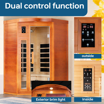 WOODBRIDGE Infrared Sauna Room 2 Person Japanese Cedar Indoor Corner Sauna with 7 Carbon Heaters, Red Light Therapy,Bluetooth Speaker,Intelligent Dual Control System,Tempered Glass,Exterior Brim Light