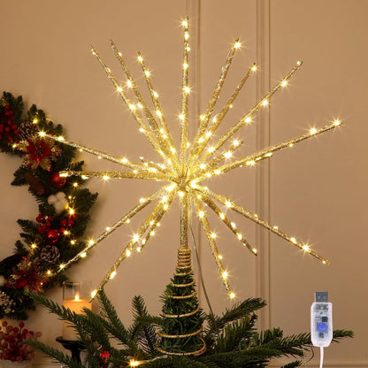 HMASYO 15 Inch Twinkling Starburst Christmas Tree Star Topper, 19-Point Gold Star Tree Topper with 150 LED, Remote Control & Timer, USB Power for Indoor Home Holiday Party Xmas Tree Decoration