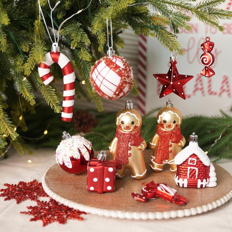 SHareconn 65pcs Christmas Tree Ornaments Set, Shatterproof Christmas Gingerbread Man Balls Bulk Gift Boxes, Hanging Plastic Decorative Baubles for Xmas Trees Decorations, Holiday Party, Red White