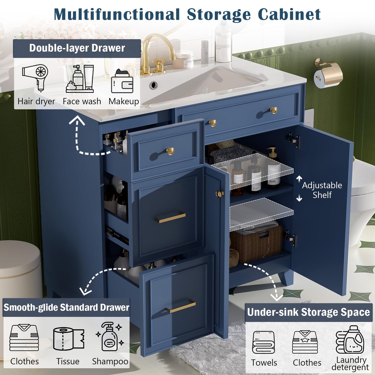 Favfurish 36" Bathroom Vanity with Ceramic Sink Combo,Free Standing Cabinet with Double-Layer Drawers and 3 Drawers,Solid Wood Bathroom Storage with Soft Close Doors,Adjustable Shelf,Modern,Blue