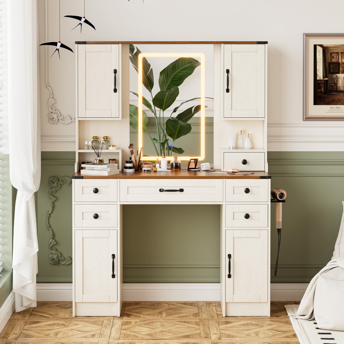 NBYSGO Farmhouse Vanity Desk with Mirror and Lights, Large Makeup Table with 6 Drawers and 4 Storage Cabinets, 3 LED Lights Modes, White Dressing Set for Girls Bedroom