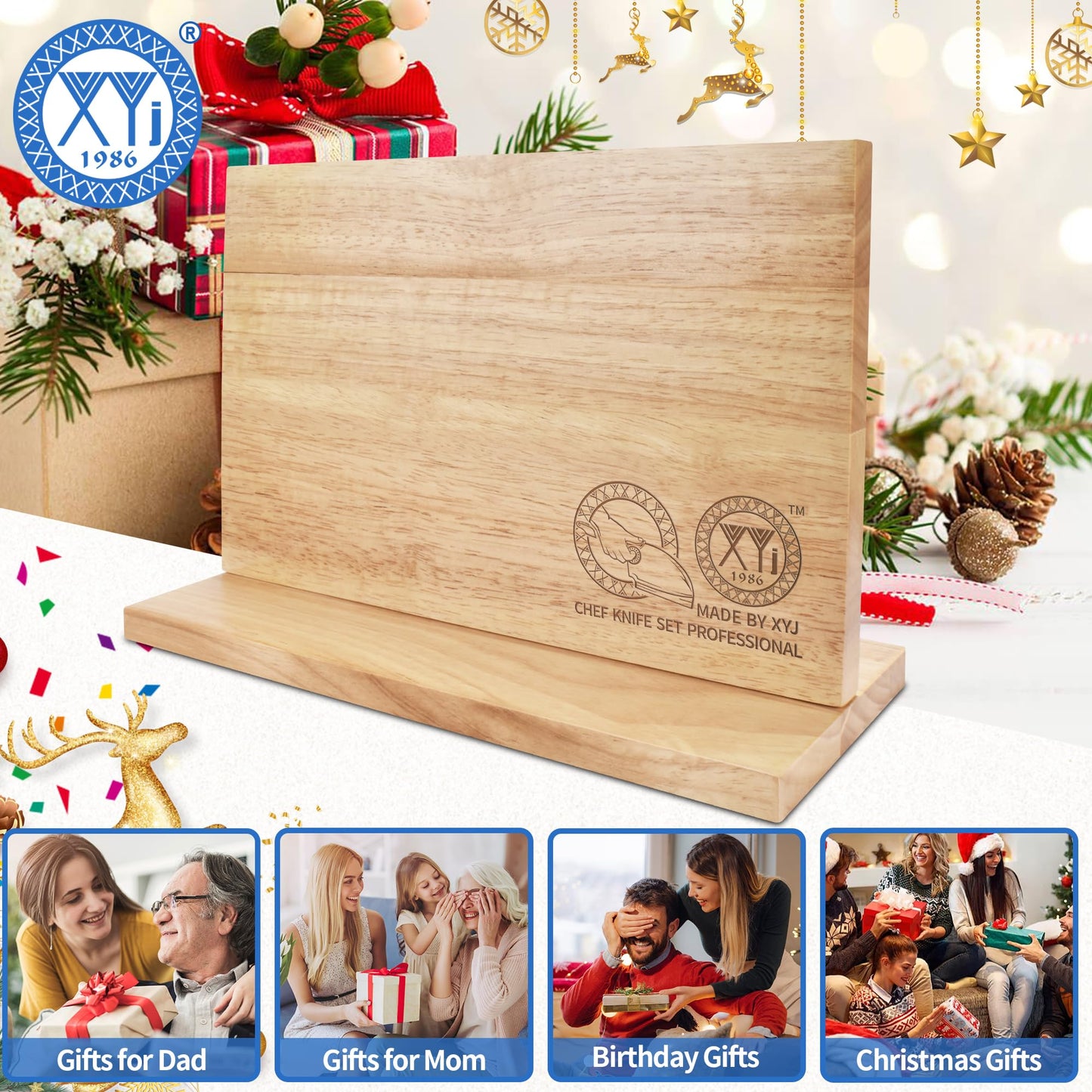 XYJ Authentic Since 1986, Magnetic Knife Block, Double Side Kitchen Knife Stand, Acacia Wood, Magnetic Knife Holder with Strong Enhanced Magnets,Knives Storage Rack Stand for Home Kitchen