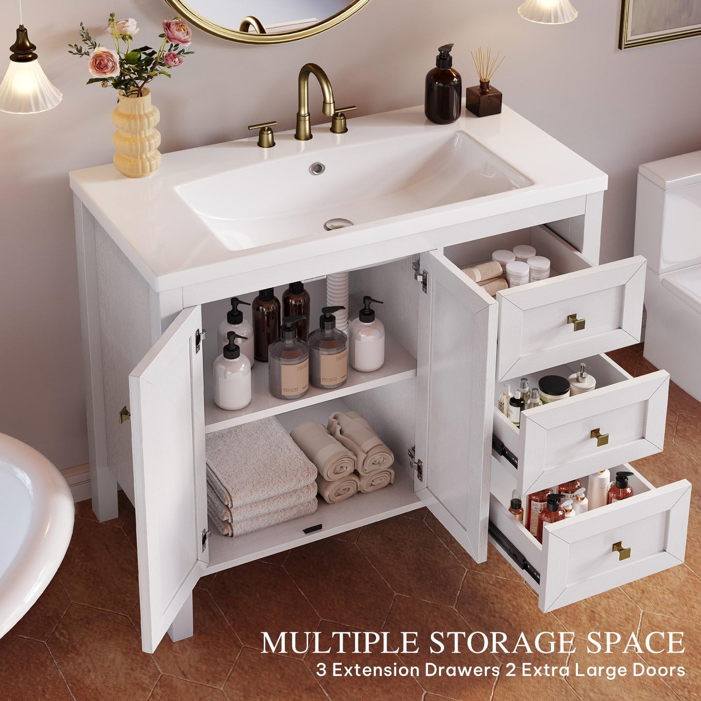 DWVO 36 Inch Bathroom Vanity with Sink, Modern Bathroom Storage Cabinet with Resin Basin, Three Holes, 2 Doors & 3 Drawers